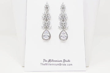 Leaf Drop, Long Dangle Crystal, Diamond Earrings, Long Bridal Jewelry, Crystal Bridal Earrings, Statement Earrings Cz